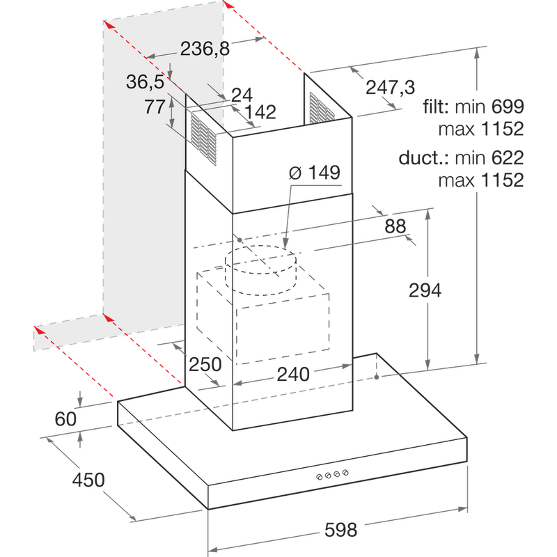 Indesit-Вытяжной-шкаф-Встраиваемый-IHBS-6.5-LM-X-Inox-Wall-mounted-Механическое-Technical-drawing