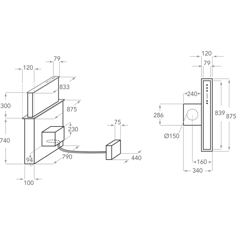 Kitchenaid-Вытяжной-шкаф-Встроенная-KEBDS-90020-Нержавеющая-сталь-Встроенная-Электронный-Technical-drawing